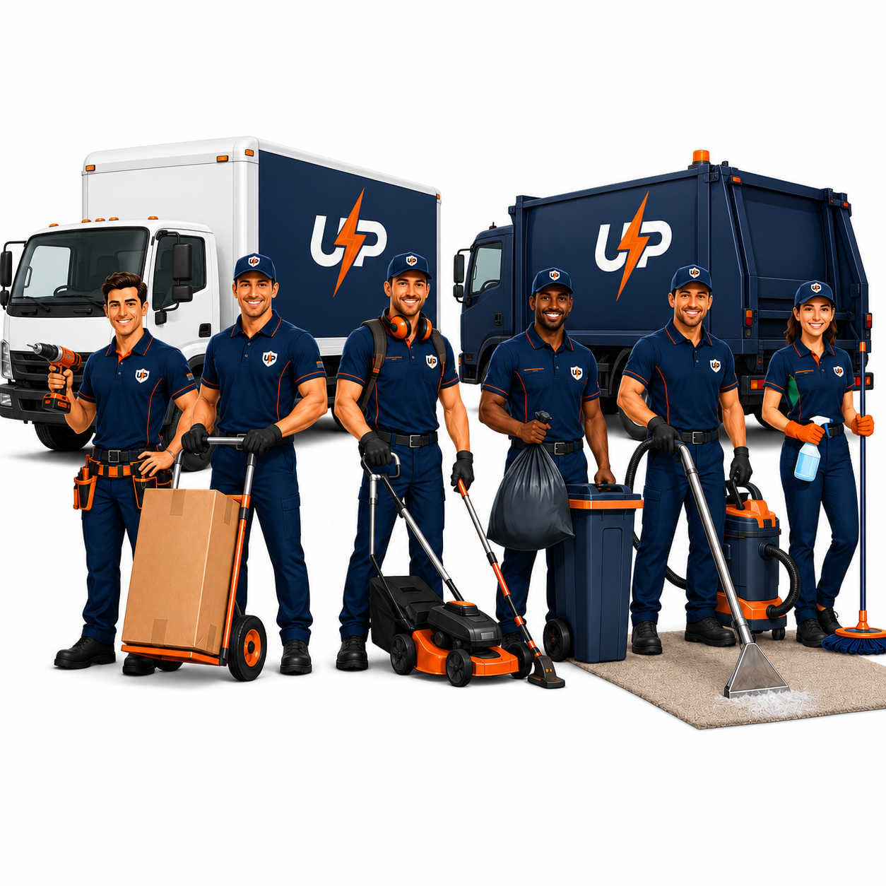 Urgent Pro home services team with UP branded removalist and junk removal trucks, showing handyman, removalists, lawn care, junk removal, cleaning, and carpet cleaning services in Australia.