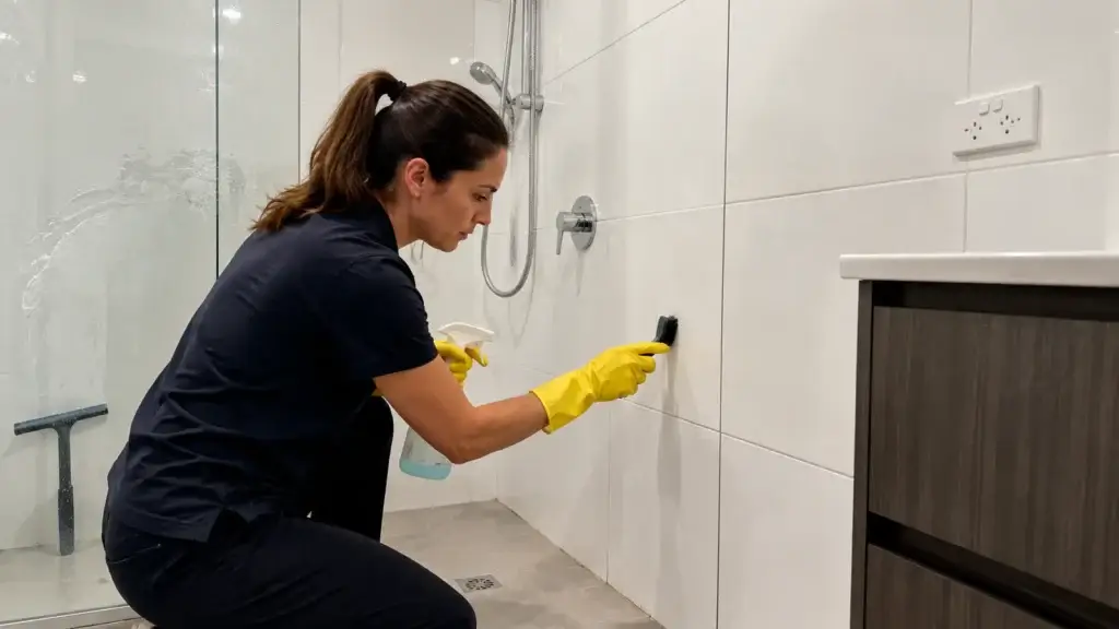 Woman in yellow gloves scrubbing bathroom shower wall tiles with brush