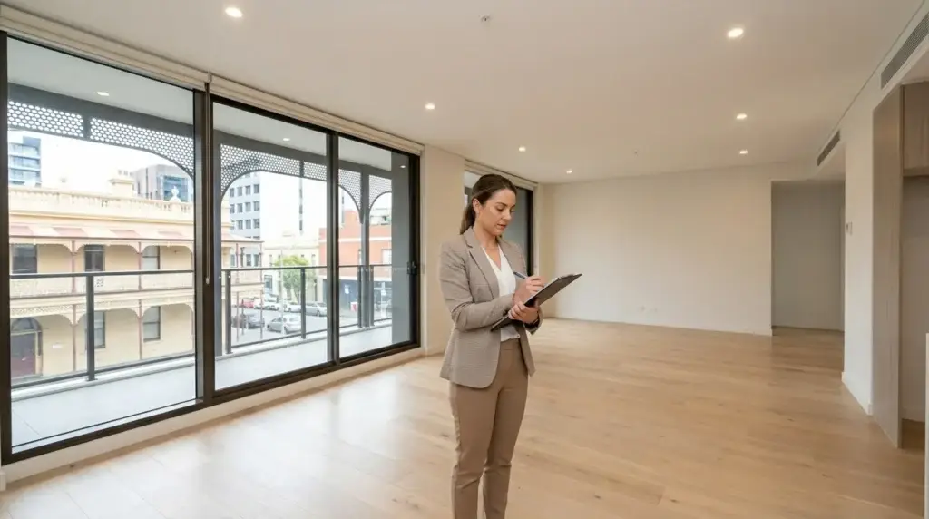 Property inspector with clipboard examining empty rental apartment interior