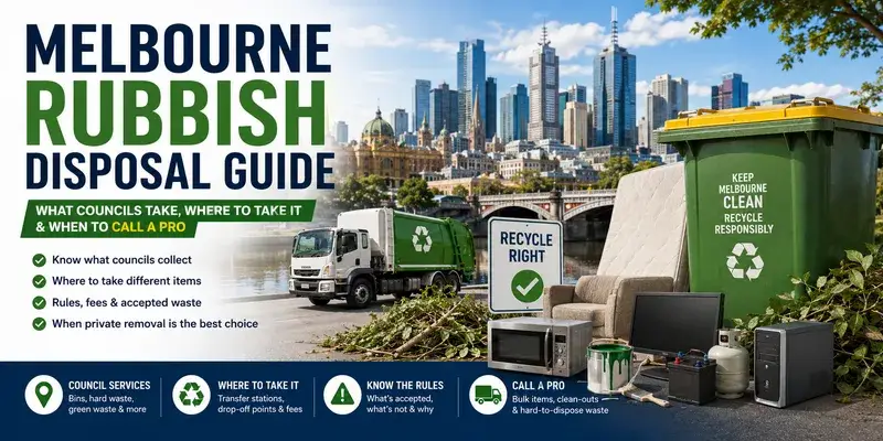 Melbourne rubbish disposal guide graphic showing wheelie bin, household items, city skyline and council rubbish removal tips