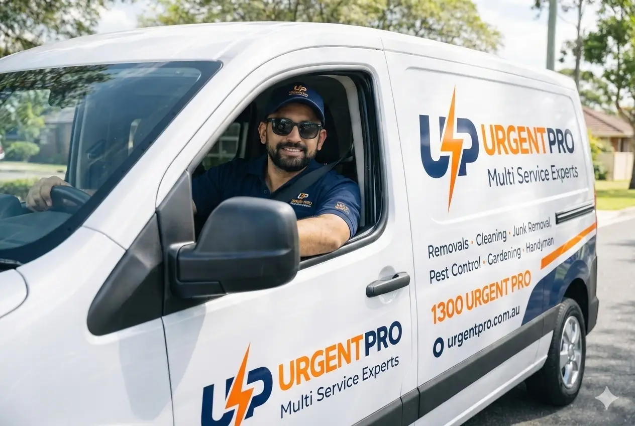 Urgent Pro branded service van in Australia with company director driving, featuring the UP logo, multi-service experts branding, phone number, website, and services including removals, cleaning, junk removal, pest control, gardening, and handyman.