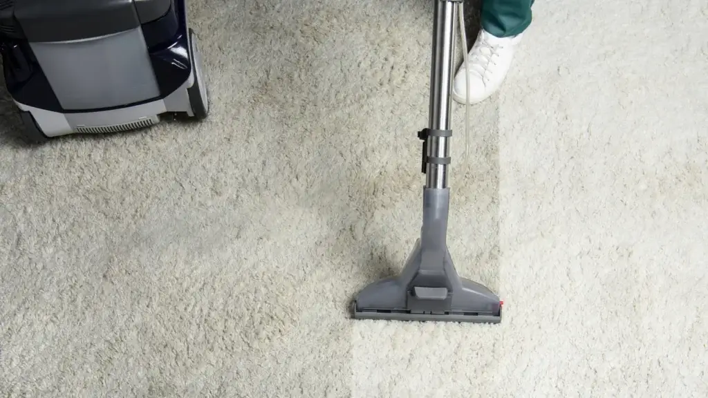 Carpet cleaning technician extracting soiling from textured pile carpet with soiled and freshly cleaned halves visible