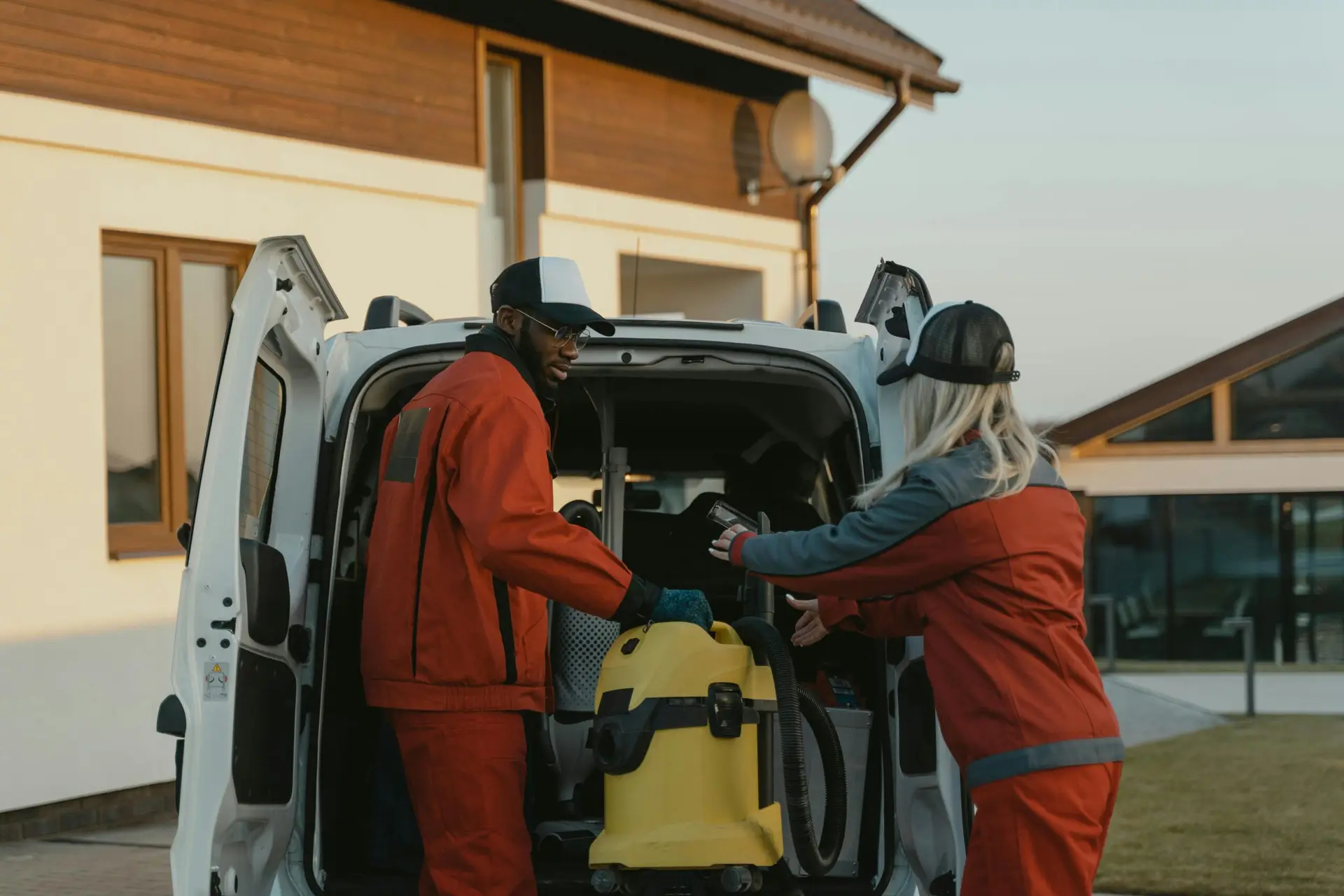 An Urgent Pro carpet cleaning provider in Brisbane setting up truck-mount extraction equipment including hoses and the machine head, with professional equipment visible in a realistic local service setting
