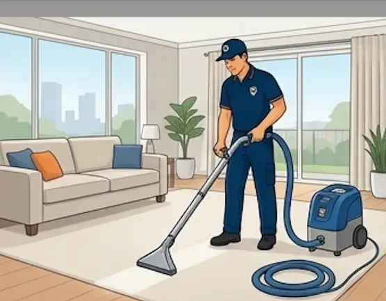 Urgent Pro carpet cleaning specialist using a steam cleaning machine on a light carpet in a modern living room with furniture moved aside