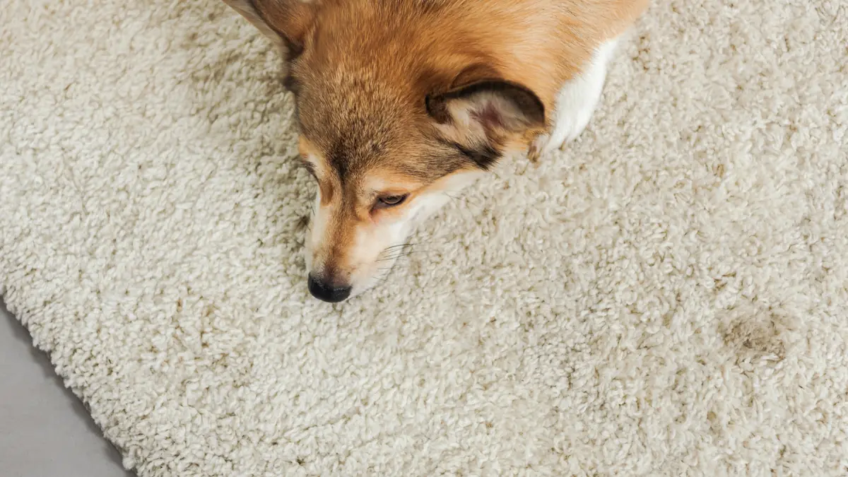 Corgi dog resting on a cream shaggy rug with light soiling visible on the carpet surface in a domestic home