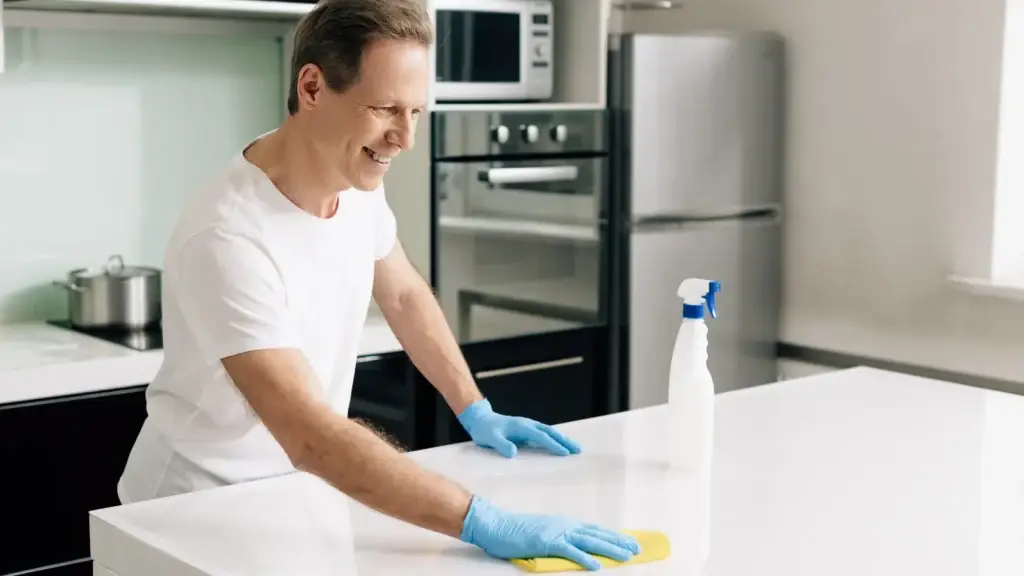 Cleaner in blue gloves wiping a white kitchen benchtop with a yellow cloth in a modern home