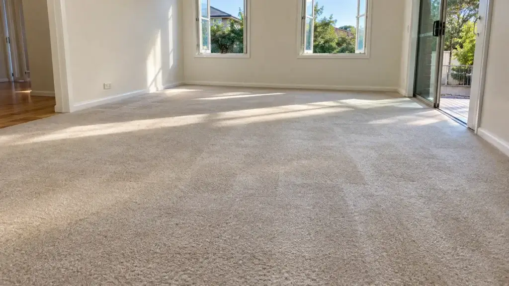 Empty lounge room with freshly cleaned beige carpet drying, windows and sliding door open in an Australian home