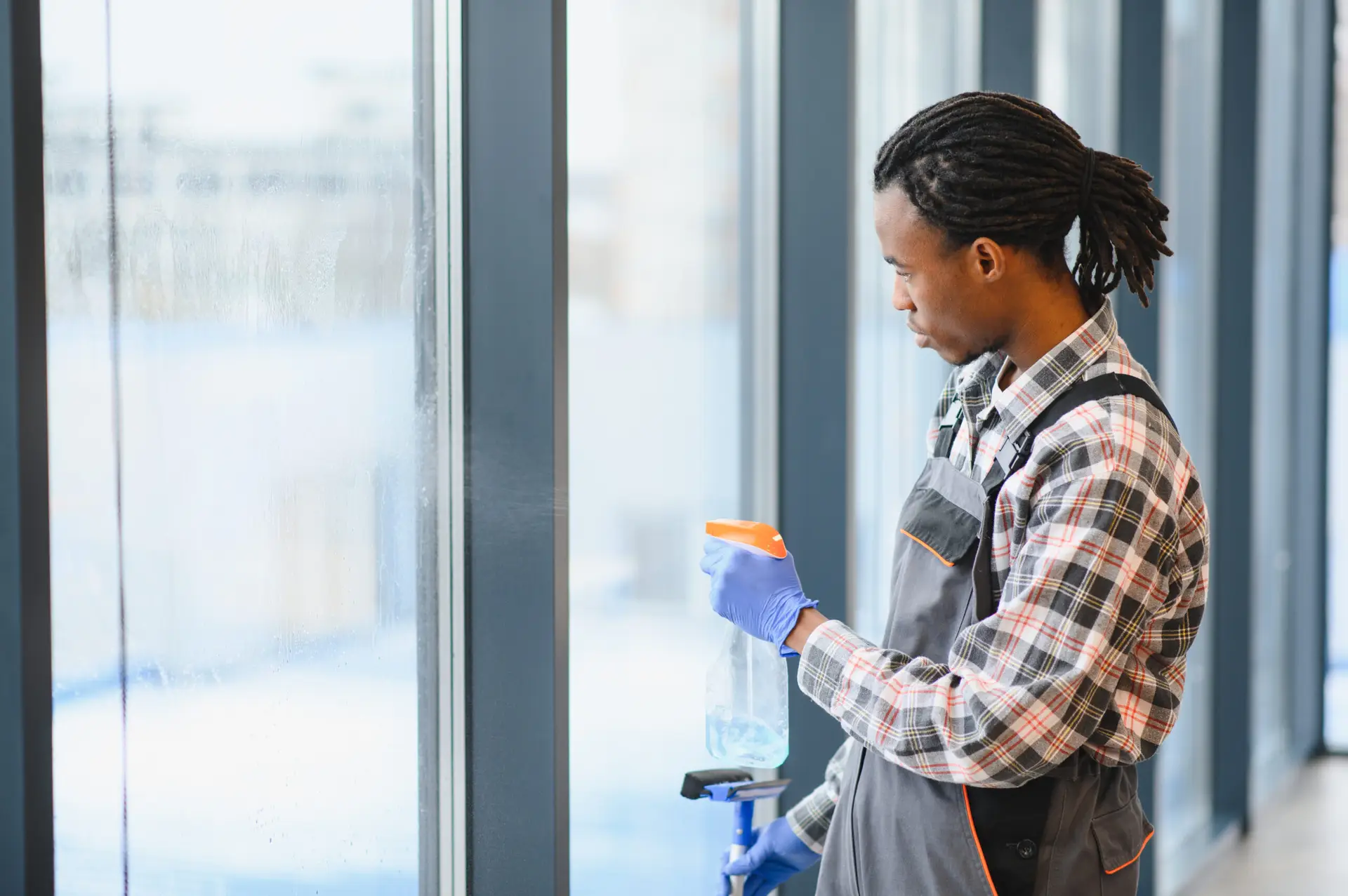 An Urgent Pro end of lease cleaning provider in Melbourne using a squeegee to clean window glass and a cotton bud to clean the window tracks in a Melbourne rental, with professional equipment visible in a realistic local service setting