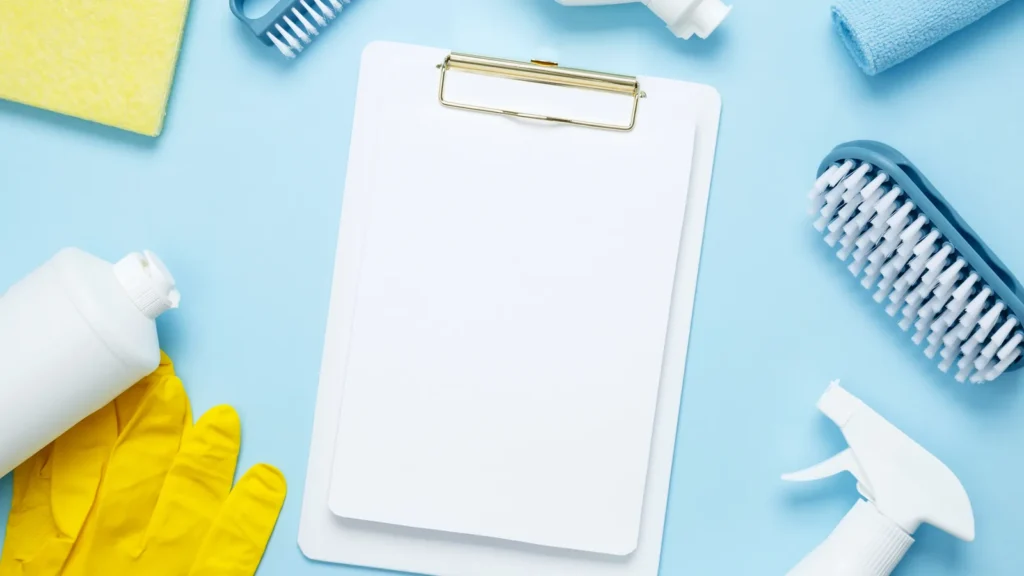 Cleaning supplies and a blank checklist laid out before an end of lease clean