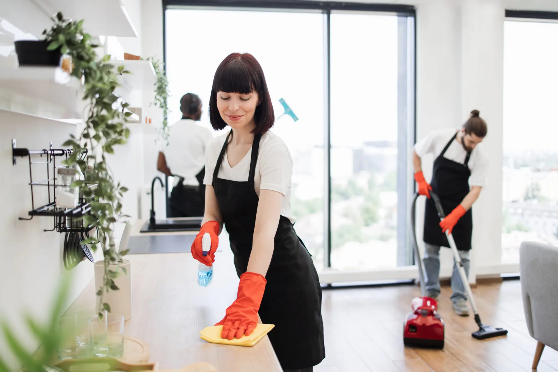 An Urgent Pro end of lease cleaning provider in Sydney working simultaneously in two rooms of a Sydney rental — one vacuuming the bedroom and one cleaning the kitchen, with professional equipment visible in a realistic local service setting