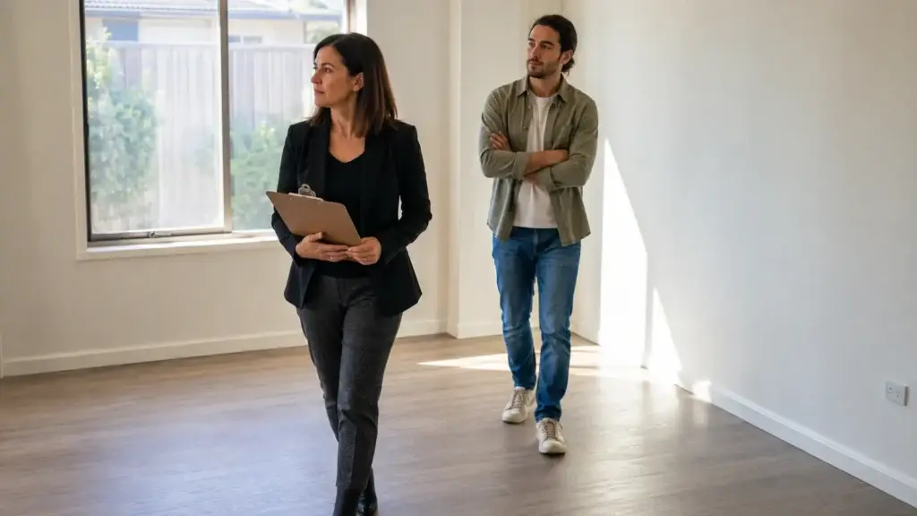Property manager and tenant walking through an empty rental unit at final inspection