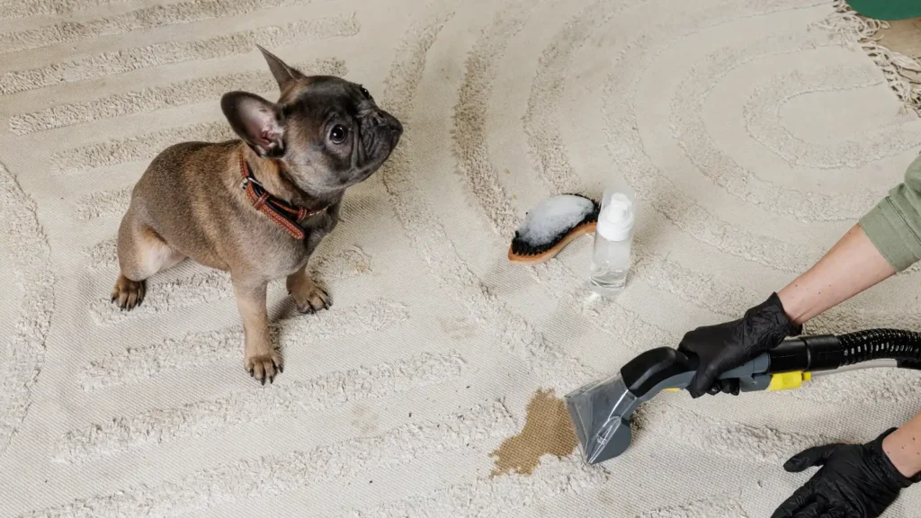 French bulldog sitting beside a visible carpet stain while a gloved technician treats it with a hot-water extraction wand