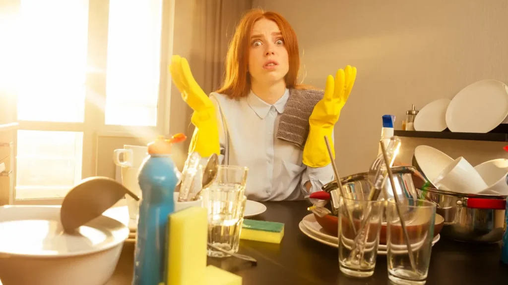 Frustrated woman wearing yellow rubber gloves raises her hands in exasperation surrounded by a pile of dirty dishes and cleaning products