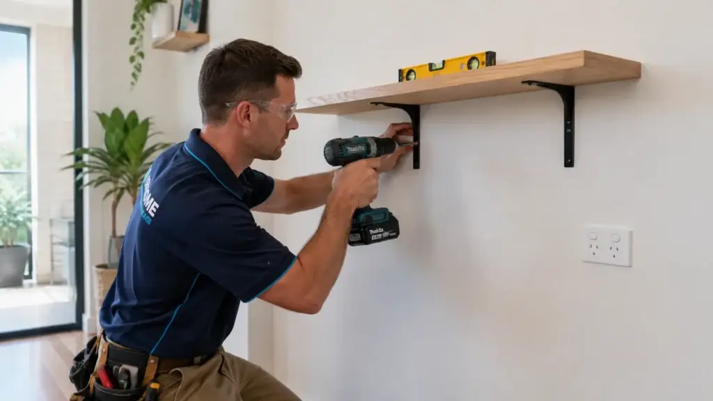 A handyman wearing safety glasses uses a Makita drill to secure a shelf bracket on a white wall inside an Australian home.