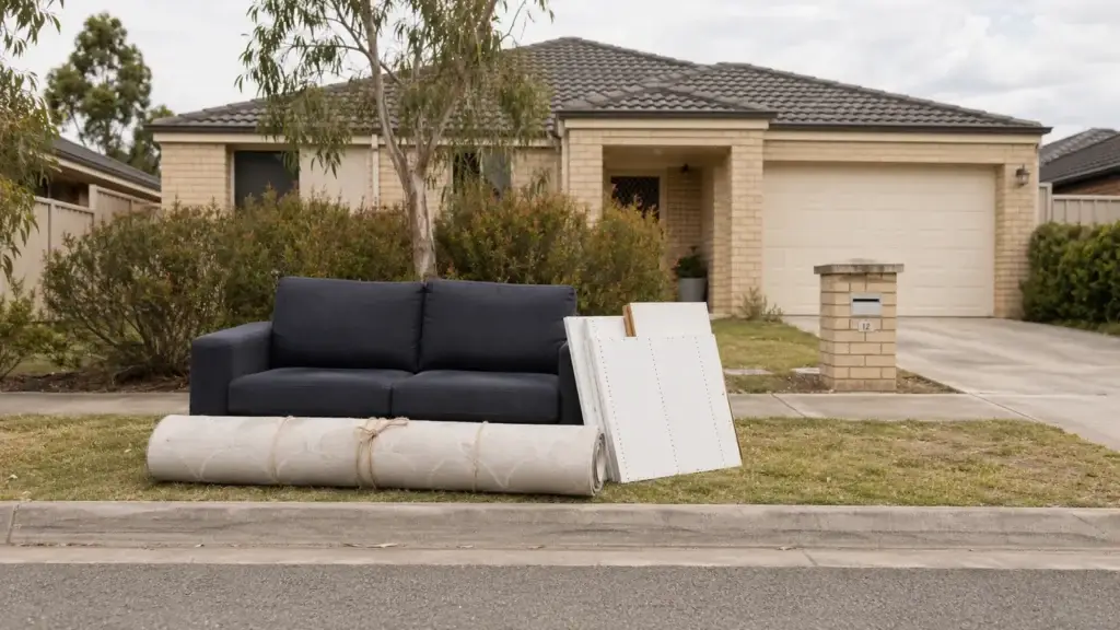 Sofa, rolled carpet and panel boards placed on a grass verge outside a suburban Australian brick home for council hard rubbish collection