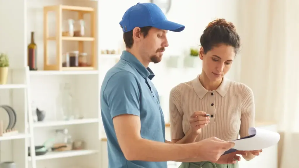 Home service provider and homeowner reviewing job documentation on a clipboard inside an Australian home