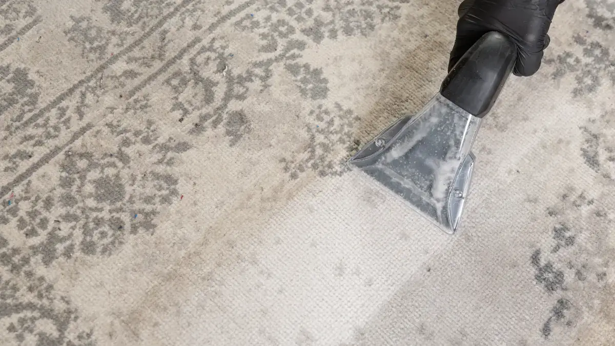 Gloved technician using hot-water extraction wand on a heavily soiled patterned rug with cleaned and dirty areas visible