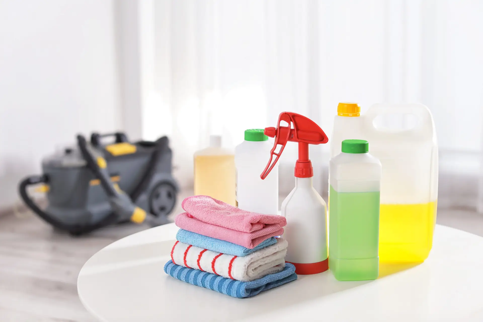 An Urgent Pro house cleaning provider in Melbourne organising eco-friendly cleaning products, mop, vacuum and cloths in a Melbourne home hallway before the service, with professional equipment visible in a realistic local service setting