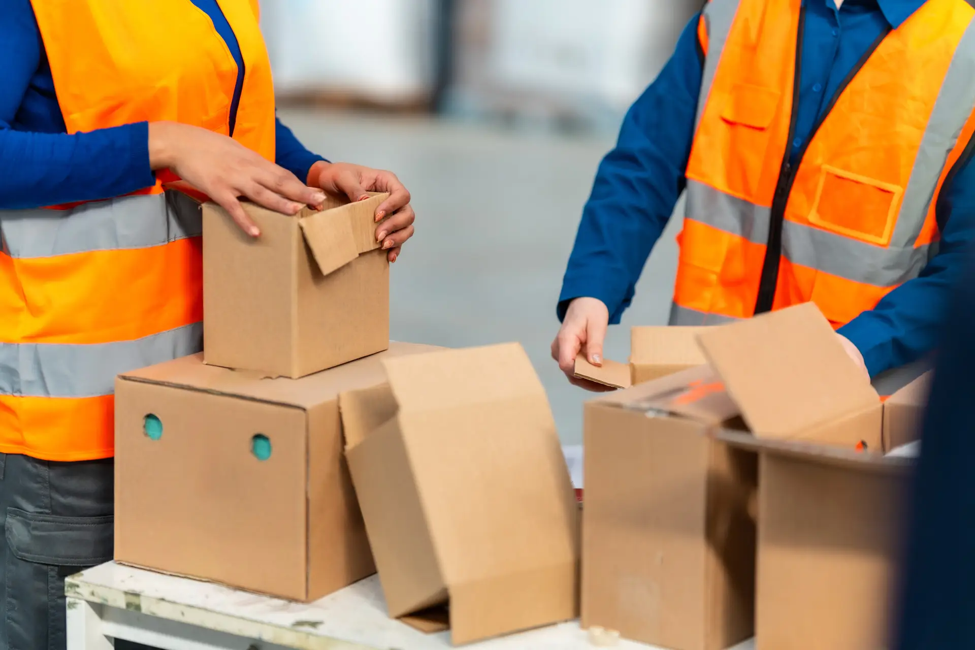 An Urgent Pro house removalists provider in Melbourne stacking and labelling cardboard moving boxes in a room ready for efficient loading, with professional equipment visible in a realistic local service setting