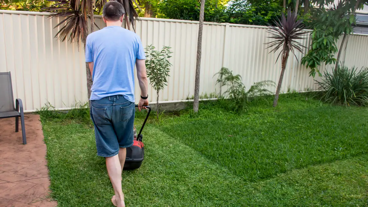 Man mowing a lawn in an Australian suburban backyard beside a cream Colorbond fence