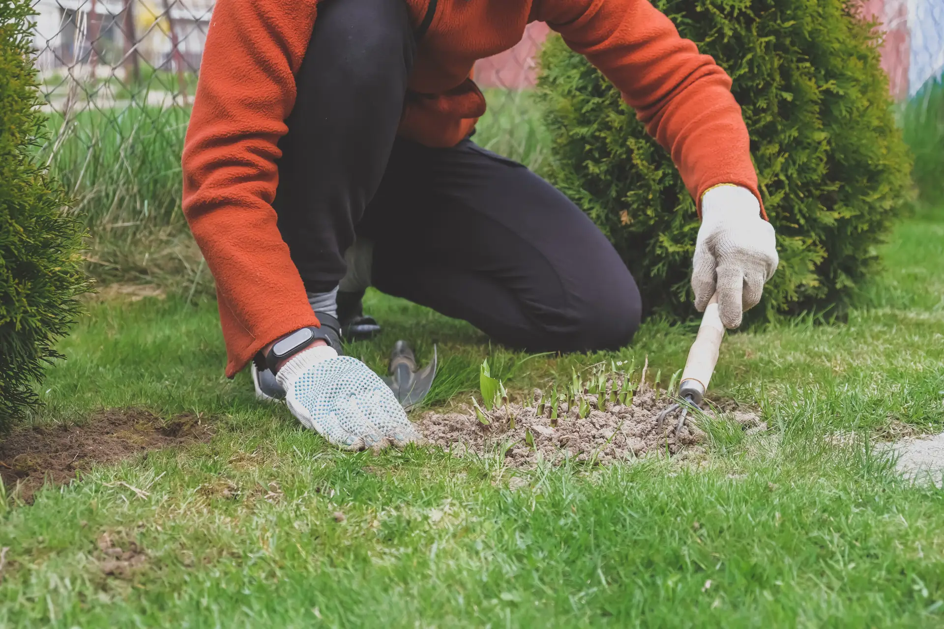 An Urgent Pro lawn mowing provider in Melbourne clearing leaf litter and tidying the edges of garden beds with a rake and hand tools, with professional equipment visible in a realistic local service setting
