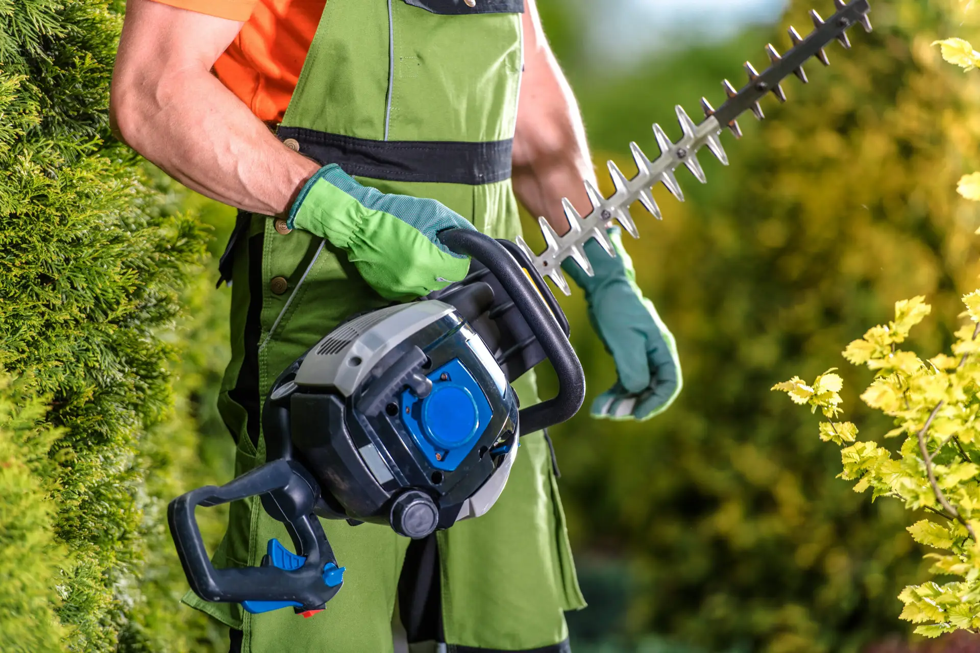 An Urgent Pro lawn mowing provider in Sydney laying out professional mowing equipment including mower, trimmer, blower and shears before the job, with professional equipment visible in a realistic local service setting