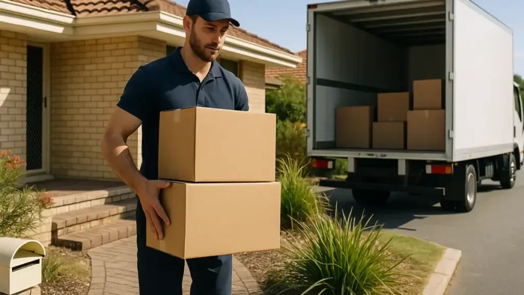 A removalist carrying cardboard boxes from an Australian brick home to a parked moving truck