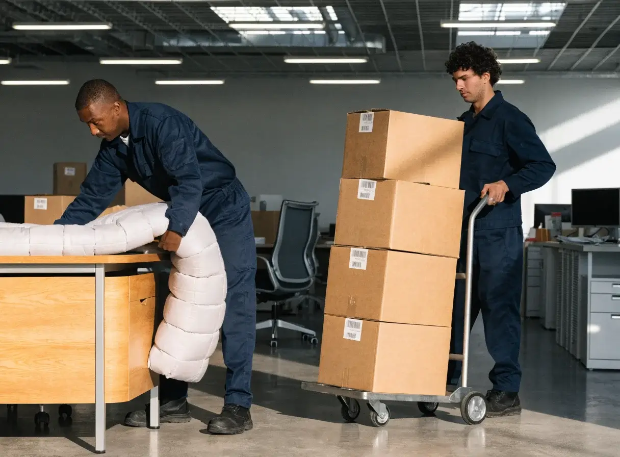 Office Removalists Sydney loading boxes and wrapped furniture onto a sack truck in an open-plan office.