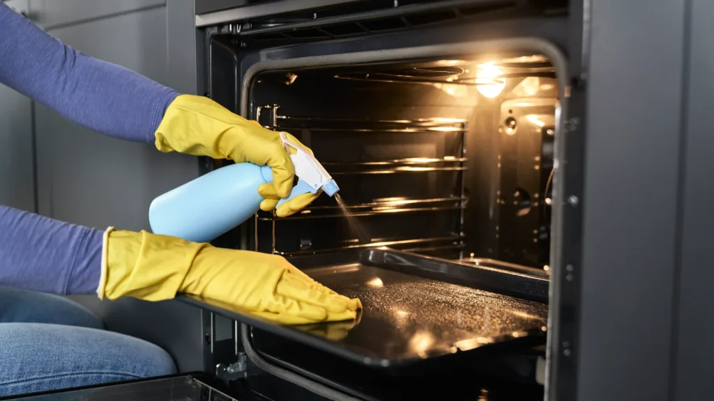 Hands in yellow rubber gloves spraying cleaning product into the interior of an open residential oven during an end of lease clean