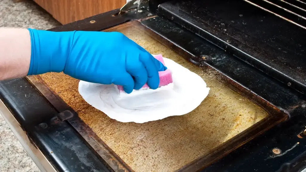 Hand in blue rubber glove scrubbing a heavily stained oven tray with white baking soda paste and a pink sponge