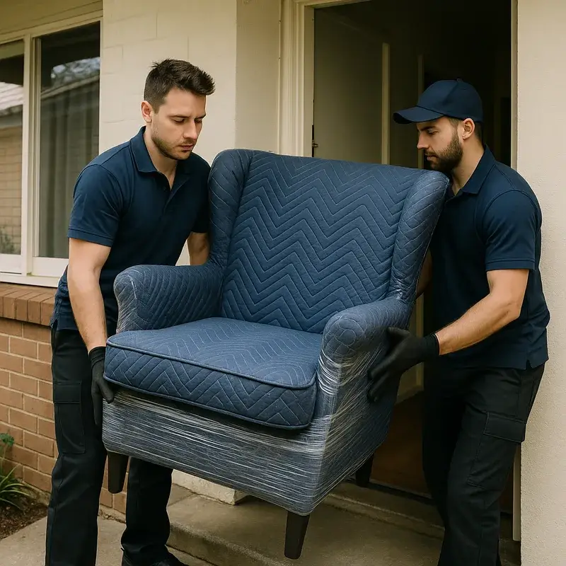 Two Perth removalists in navy polo shirts carrying a wrapped wingback armchair out of a residential building