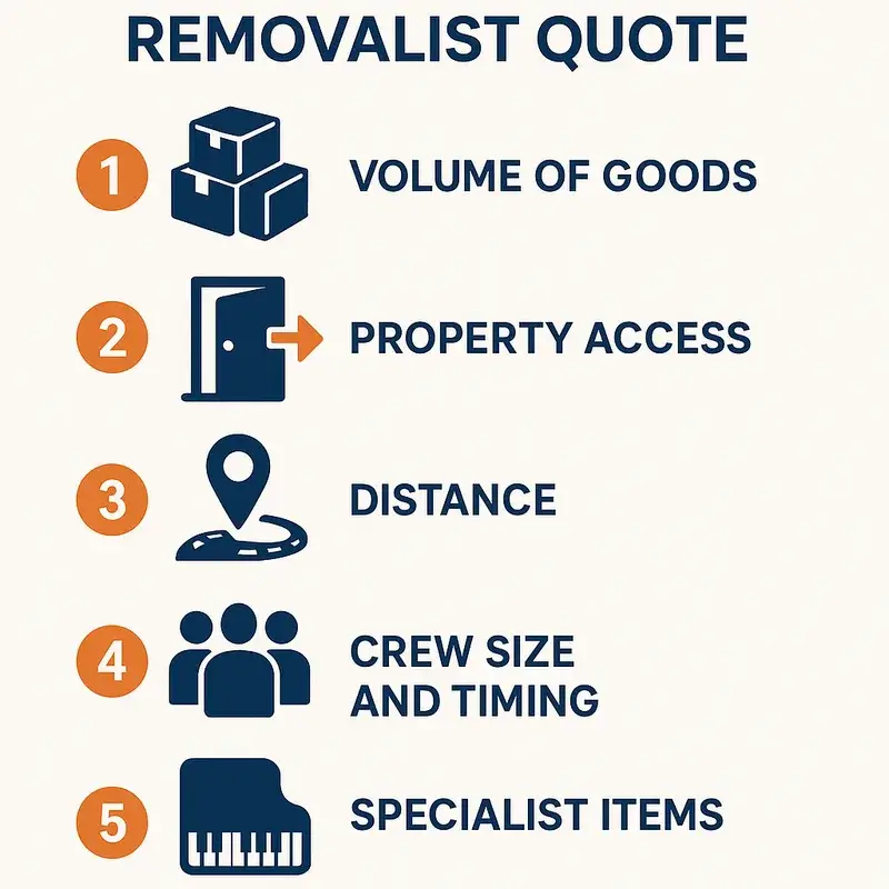 Infographic listing five factors that affect a Perth removalist quote: volume of goods, property access, distance, crew size and timing, and specialist items