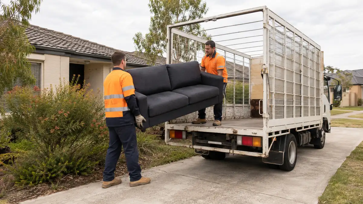 Two workers in orange hi-vis shirts loading a sofa into a white cage truck on a residential driveway in Australia