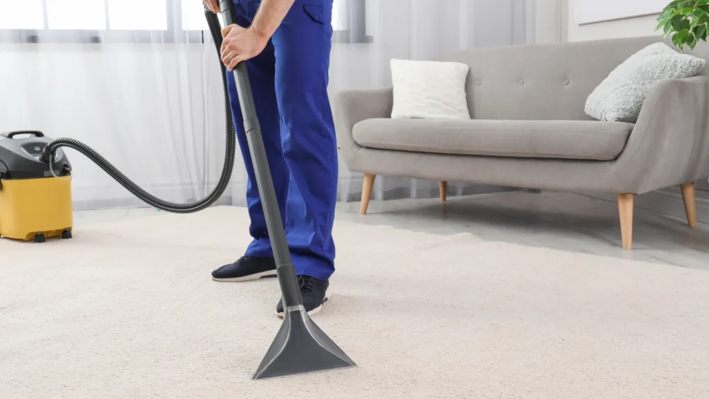 Professional carpet cleaner in blue uniform using extraction machine on light carpet in a modern Australian lounge room