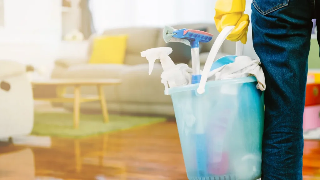 Professional cleaner carrying a bucket of cleaning supplies including spray bottles and a scrubbing brush in an Australian lounge room