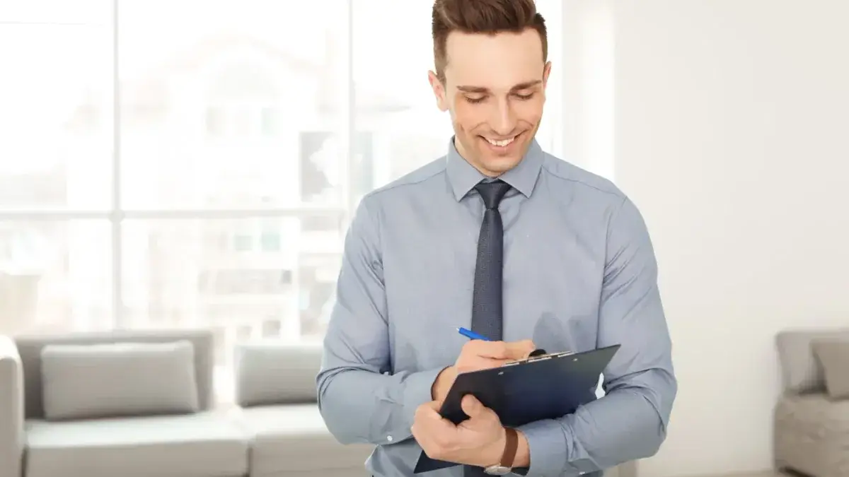 Property manager in business shirt writing notes on a clipboard during a rental property inspection