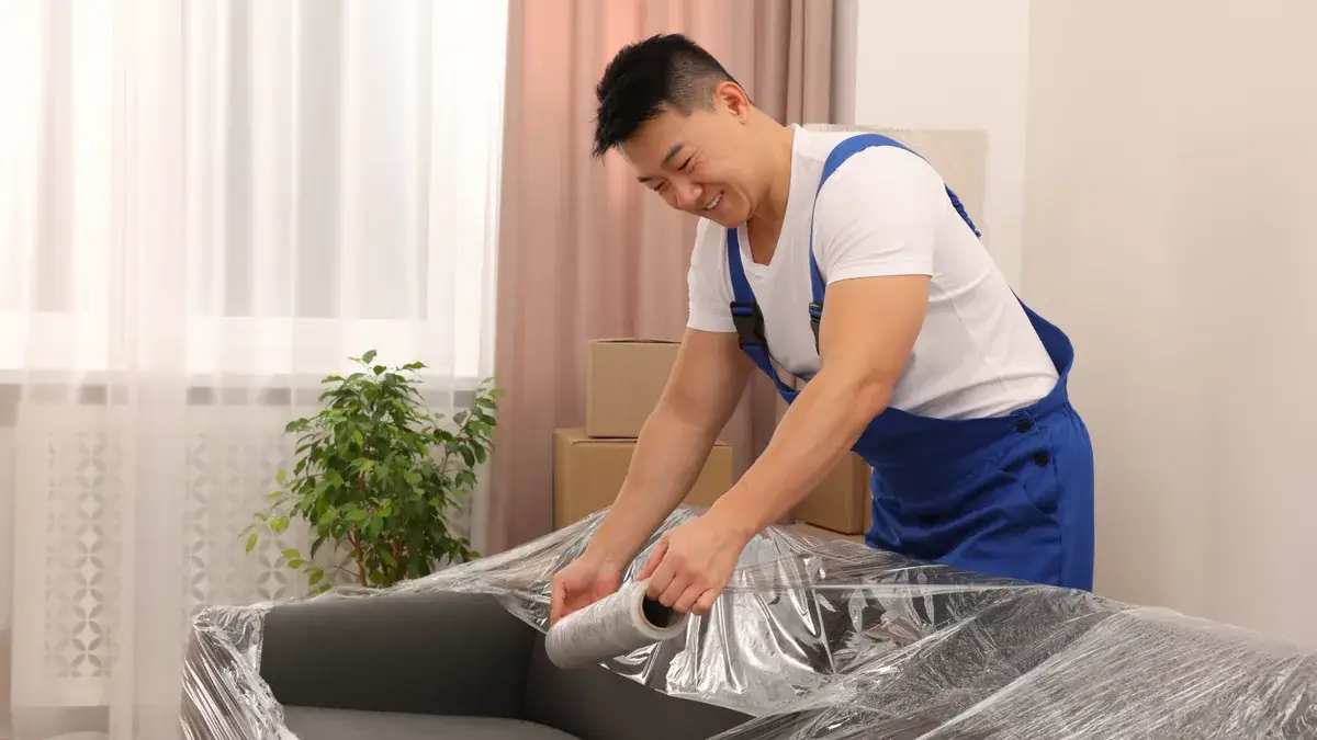Removalist stretch-wrapping a grey sofa in plastic film beside packed moving boxes