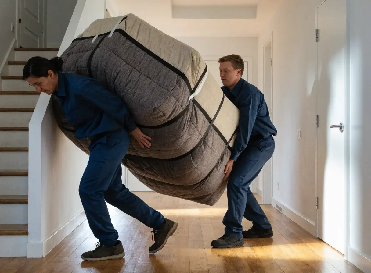 Two removalists Australia carrying a blanket-wrapped mattress through a home hallway.