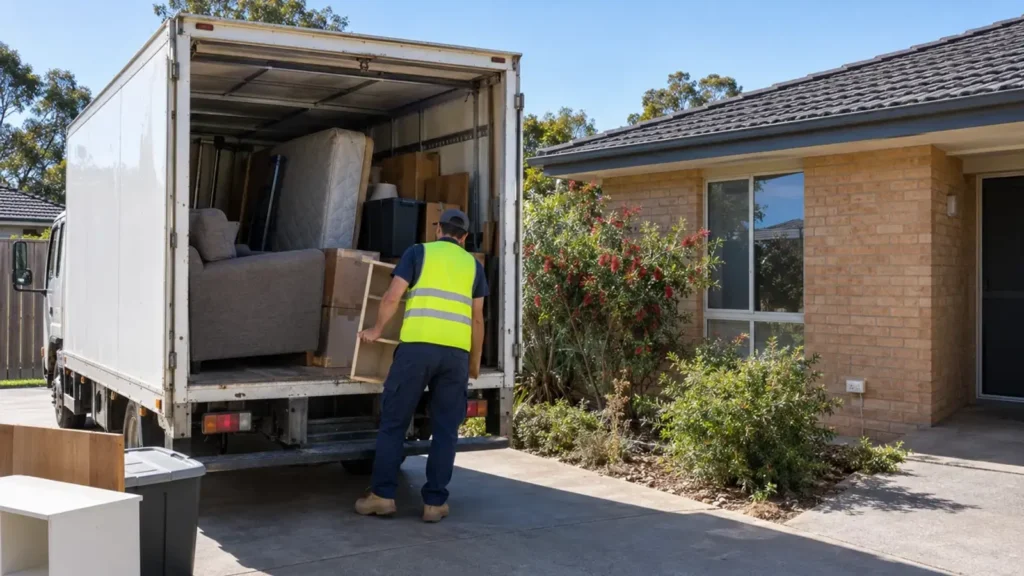 Rubbish removal provider in hi-vis vest loading household furniture and junk into a truck at an Australian home