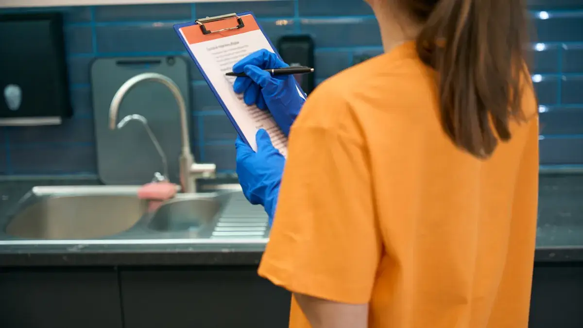 Cleaning professional reviewing a work checklist on a clipboard in a kitchen