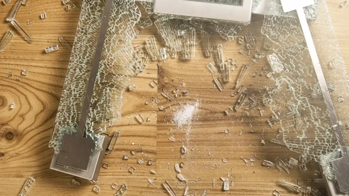 Shattered framed glass panel scattered across a timber floor inside an Australian home