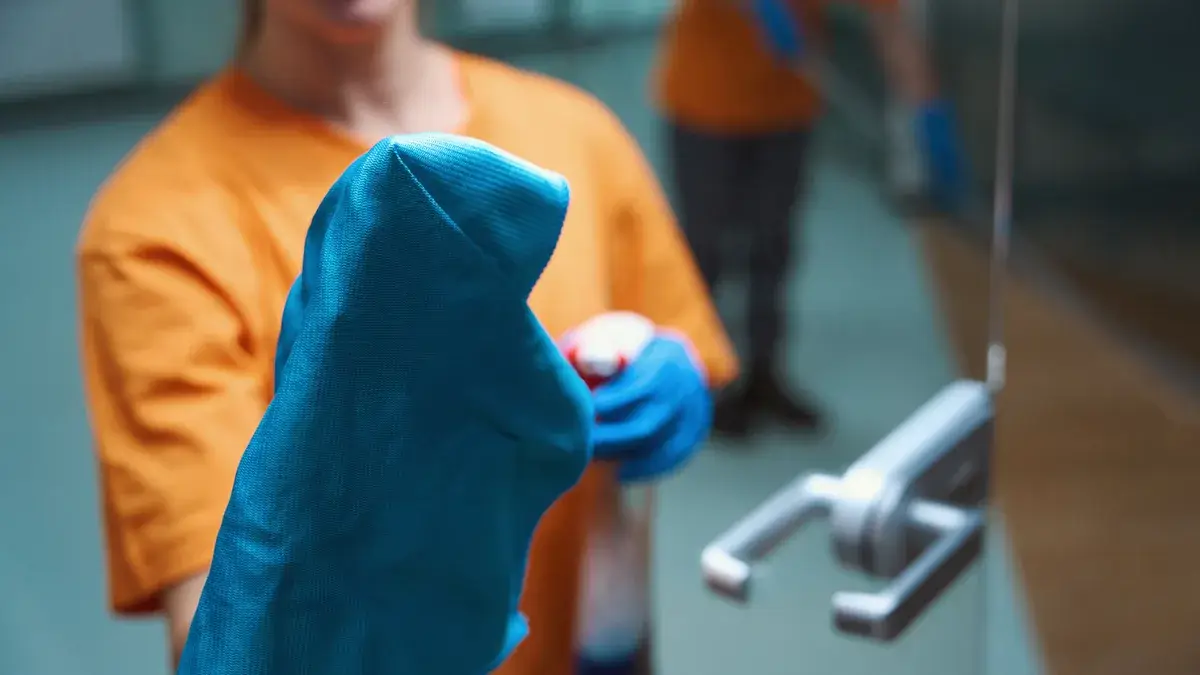 Cleaner using a blue microfibre cloth to clean a glass shower screen during a vacate clean