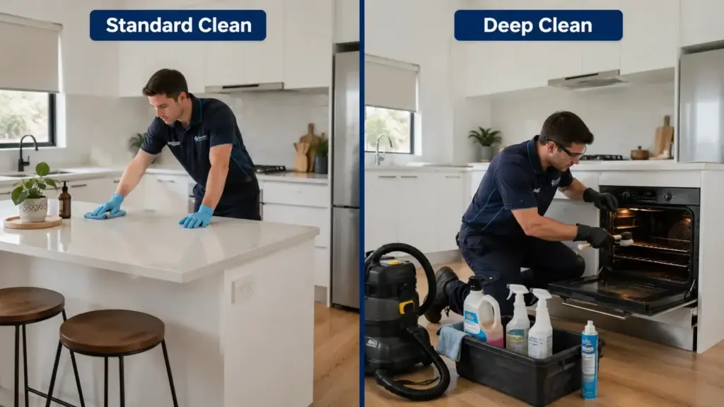 Split image comparing a standard clean of a kitchen benchtop with a deep clean of a dirty oven using specialist equipment