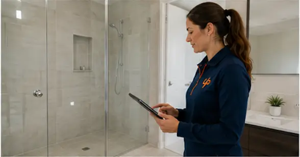 A URENT PRO supervisor in a navy uniform uses a tablet to inspect a spotless bathroom with a glass shower, tiled walls, vanity, and mirror during bond cleaning.
