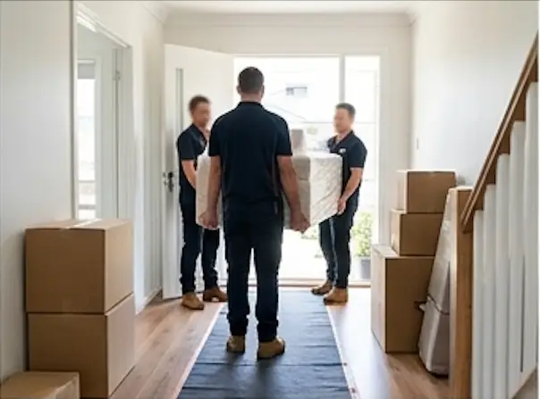 “Three professional removalists carrying a mattress through the hallway of a modern home during a residential moving service, with packed cardboard boxes positioned throughout the entrance area.