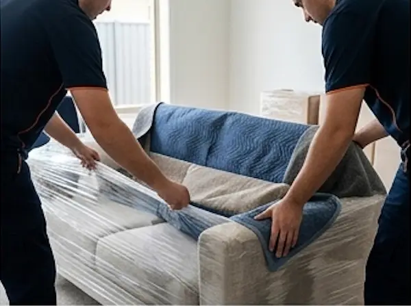 Urgent Pro carpet cleaning team applying stain treatment to a fabric sofa and protecting furniture during a professional cleaning service.