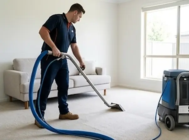 Professional Urgent Pro carpet cleaner using a steam cleaning machine to deep clean a living room carpet beside modern lounge furniture.