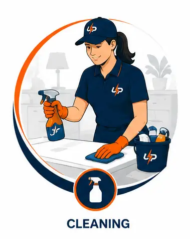 Urgent Pro cleaning worker in navy uniform spraying and wiping a white benchtop with cleaning supplies beside her.