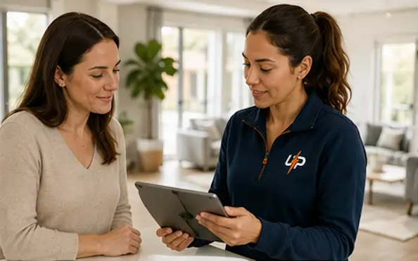 Urgent Pro coordinator reviewing a completed cleaning checklist with a customer in a modern home