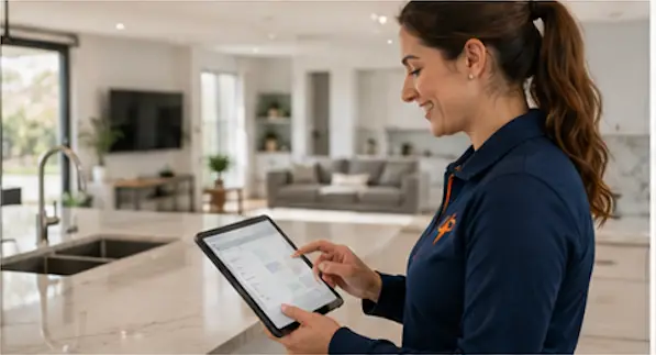 Urgent Pro coordinator checking a digital cleaning checklist in a spotless kitchen and living room